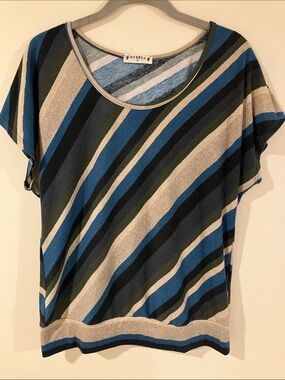 Agenda Diagonal Striped Scoop Neck Top in Teal, Olive, Black, Grey, and Cream